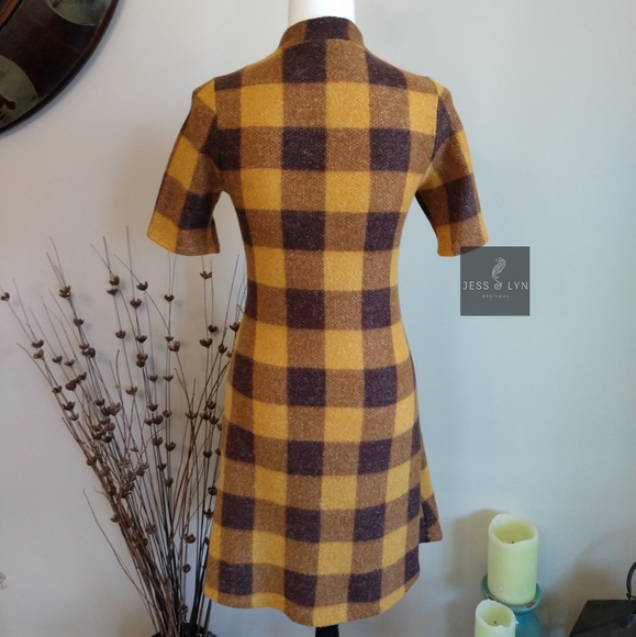 🆕 JAYME-Mustard/Brown Checkered Hi Neck Dress - Picture 3 of 8